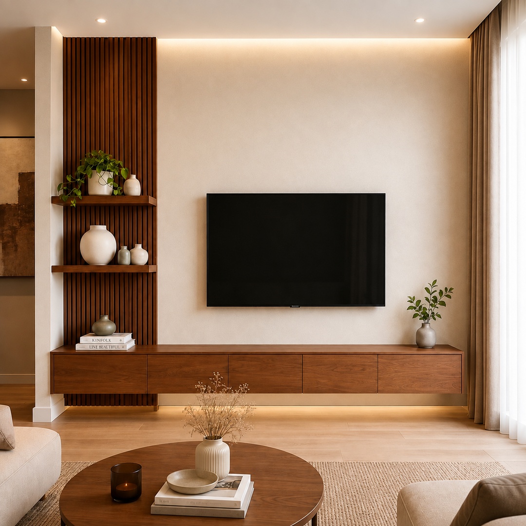 Vela Floating TV Unit with Slatted Display Panel