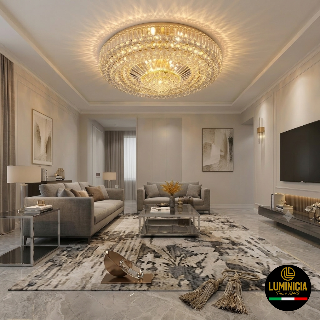 Modern Gold Flush Mount Round Crystal Chandelier - 19-Light Ceiling Light (Model: 89023-L19 G)