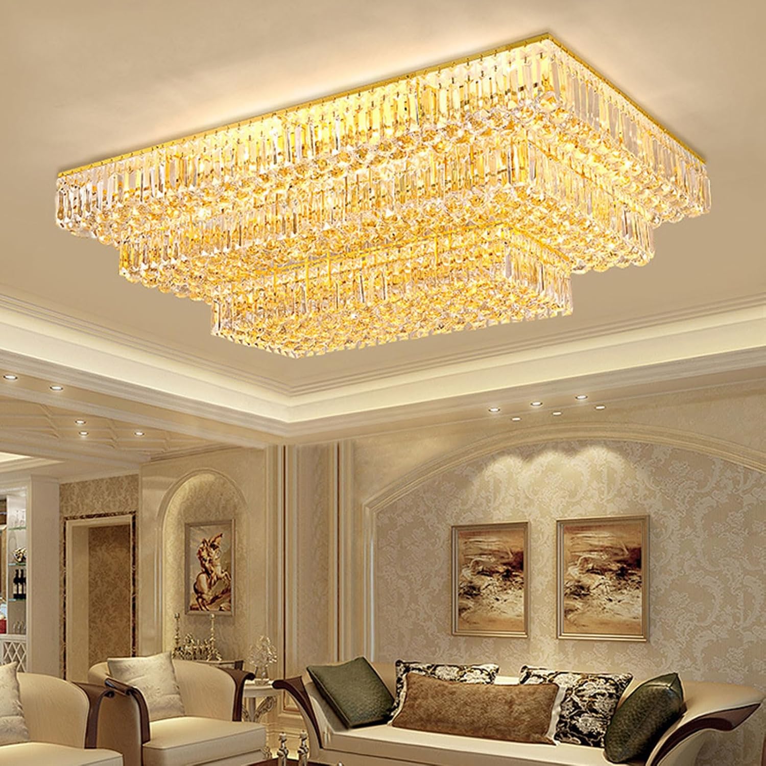 Luxury Modern Rectangular 3-Layer Crystal Chandelier – Flush Mount Gold Ceiling Light Fixture Chandelier - CODE 89018