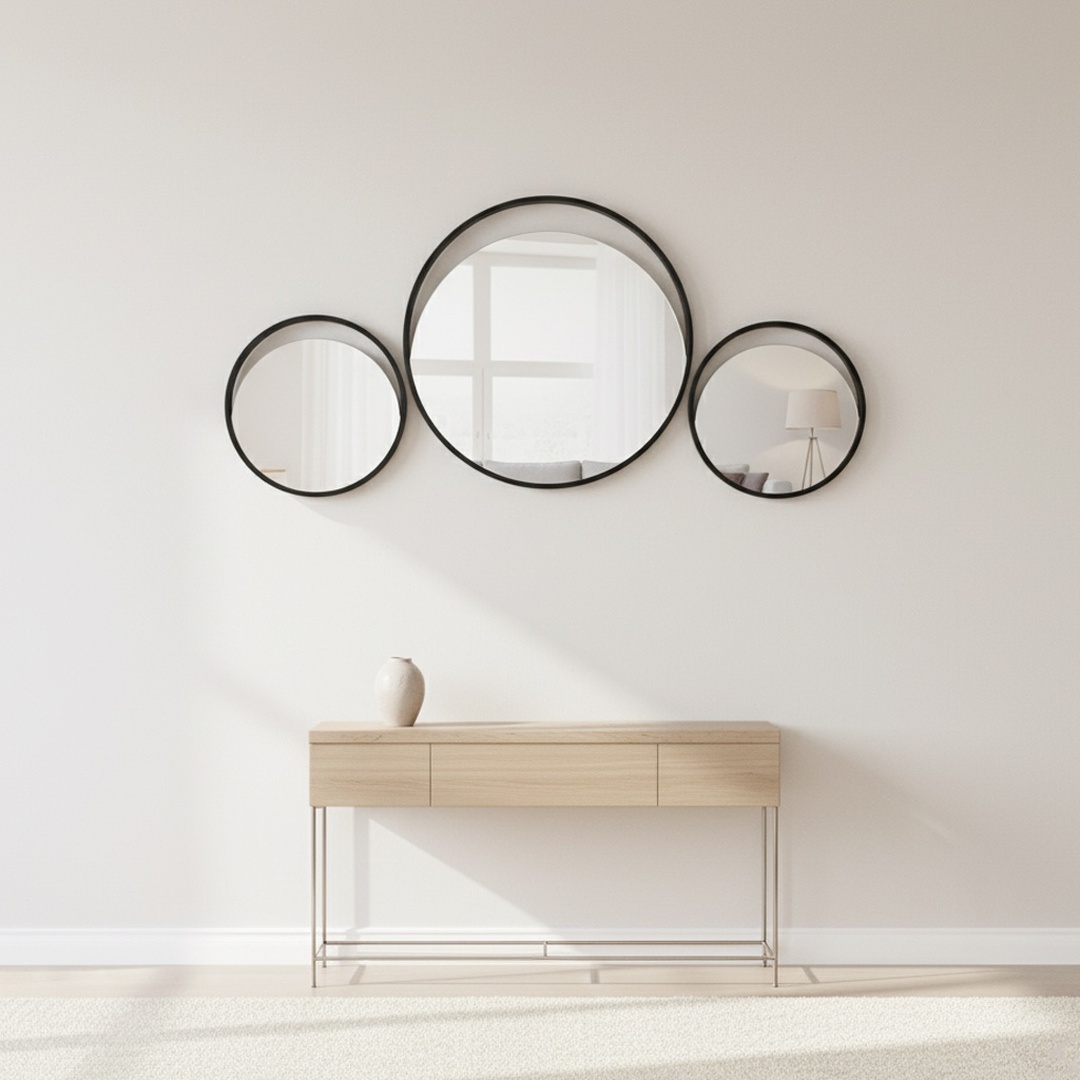 Elegant 3-piece round wall mirror set with slim black metal frames