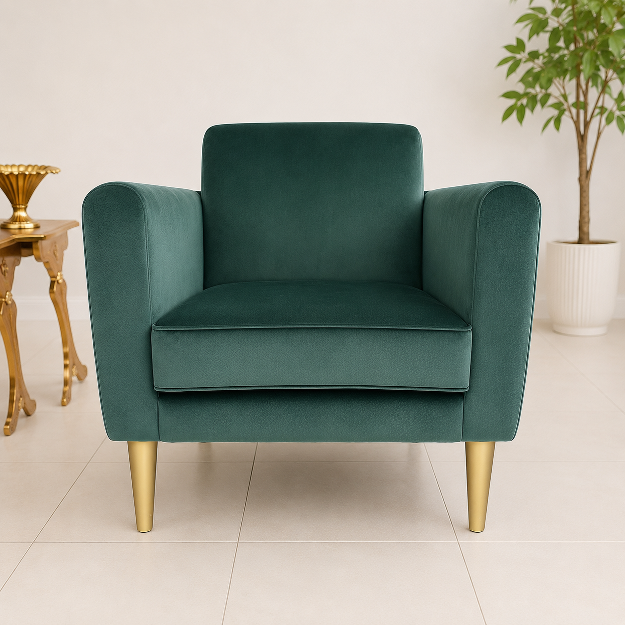 Armchair fully upholstered in a smooth, plush teal or deep emerald Green velvet fabric. The material has a subtle sheen that catches the light along its curves.