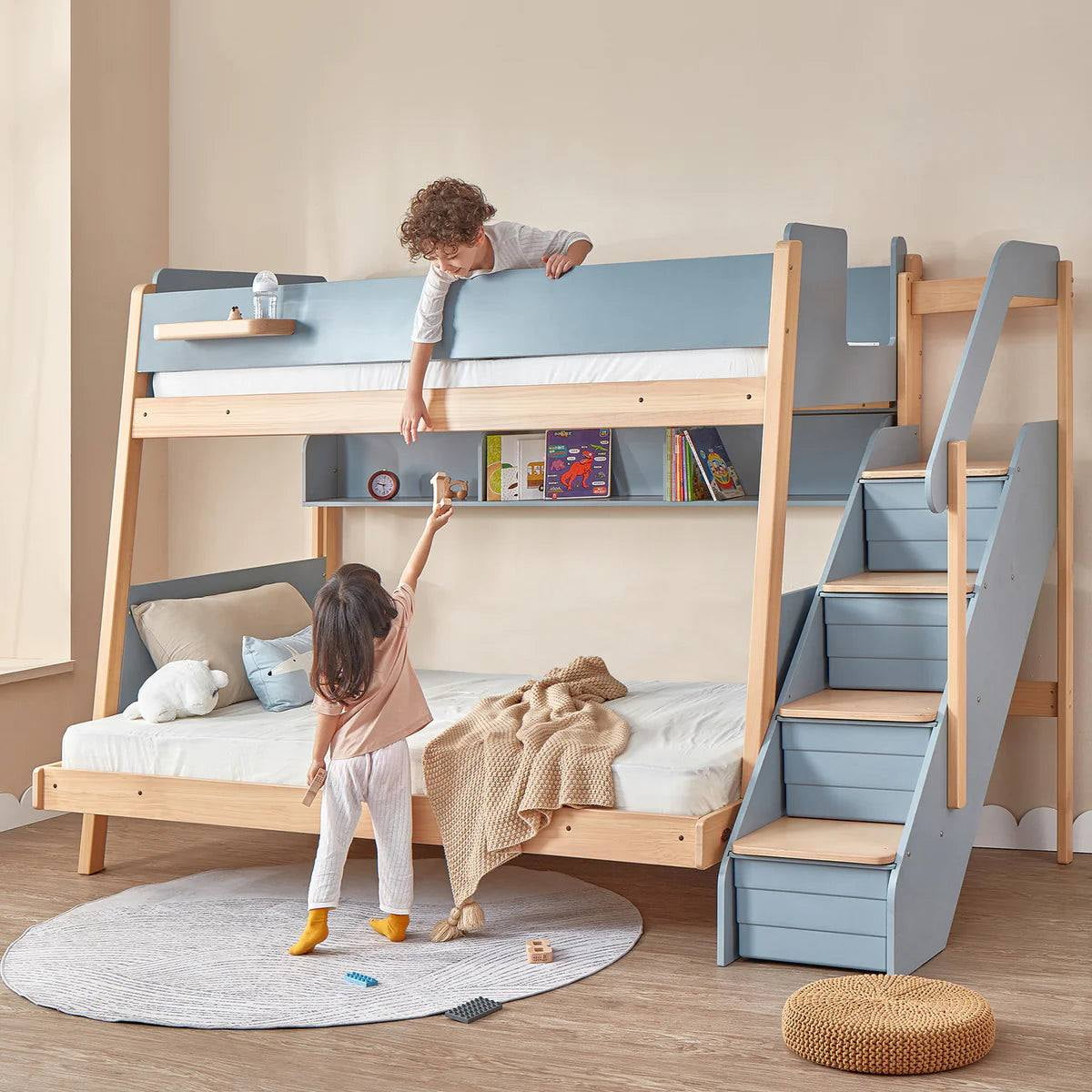 Modern Kids Bunk Bed with Storage Staircase – Solid Wood Scandinavian Design