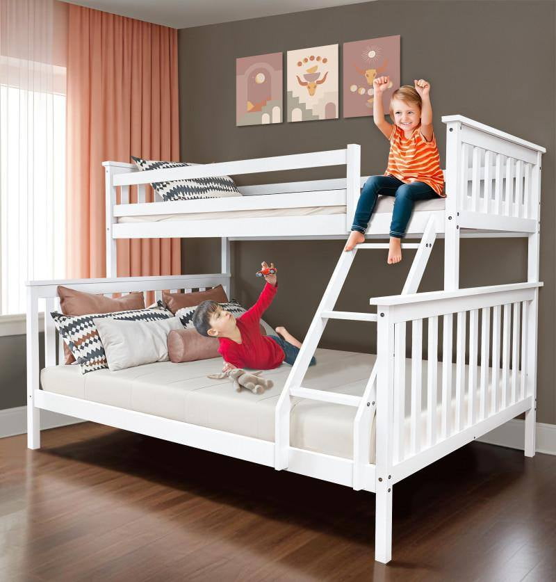 Family Bunk Bed with Twin-Over-Full Configuration – Solid White Wood Design