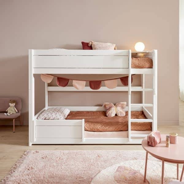 Compact White Wood Kids Bunk Bed with Side Steps – Scandinavian Storage Design
