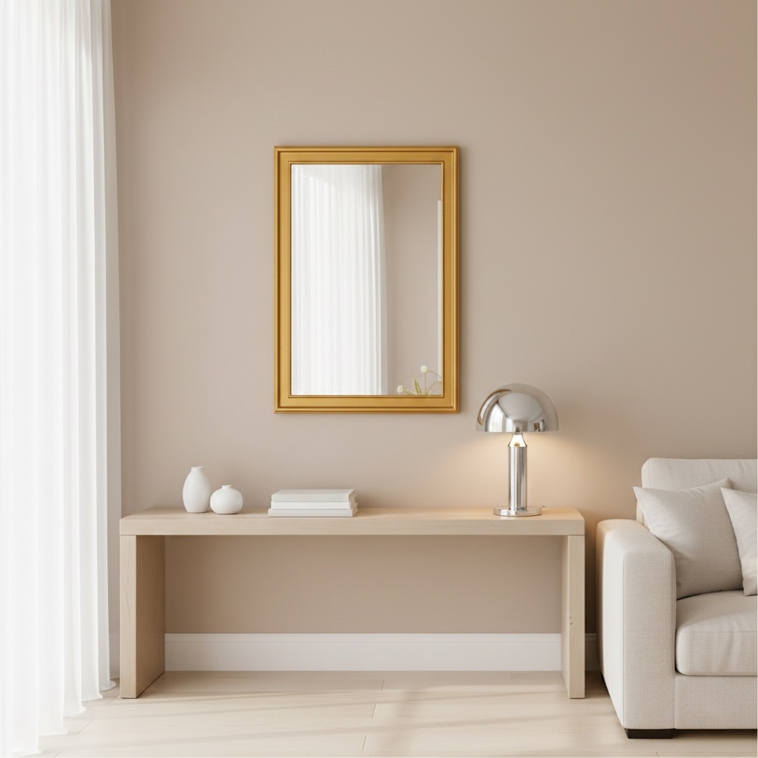 Elegant rectangular wall mirror featuring a premium gold-finished frame. Product Content – FHGM00078