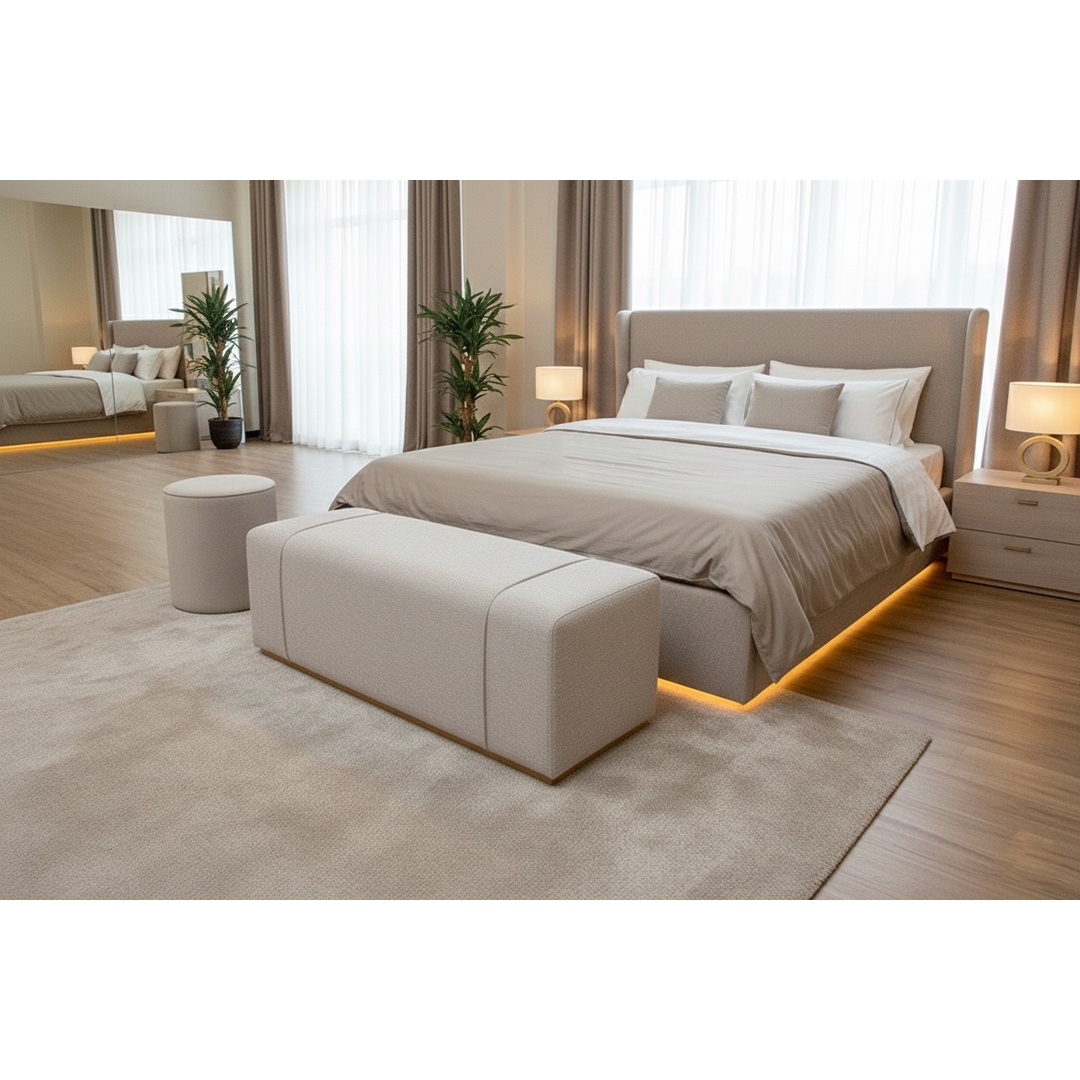 Modern upholstered bench featuring a clean rectangular design with soft fabric upholstery. Product Content – FHSL00361