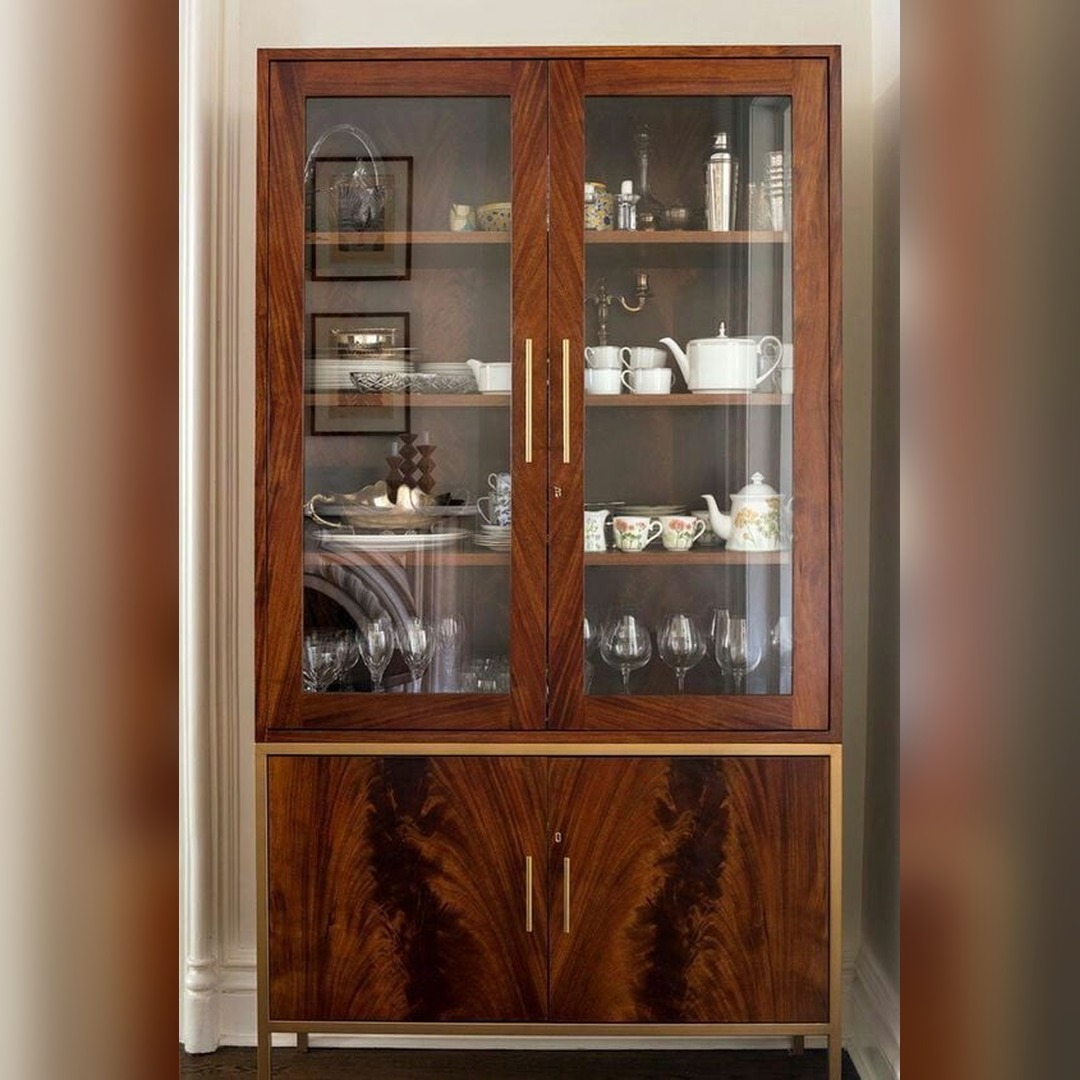 Modern Walnut 2-Door Glass Display Cabinet with Brass Accents – Al Nawakhdha Furniture Bahrain