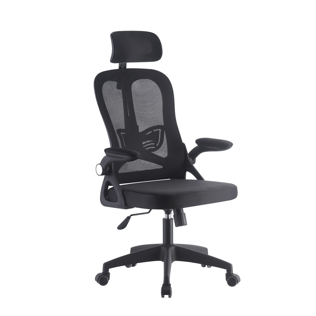 Ergonomic high-back office desk chair designed in an all-black color scheme.