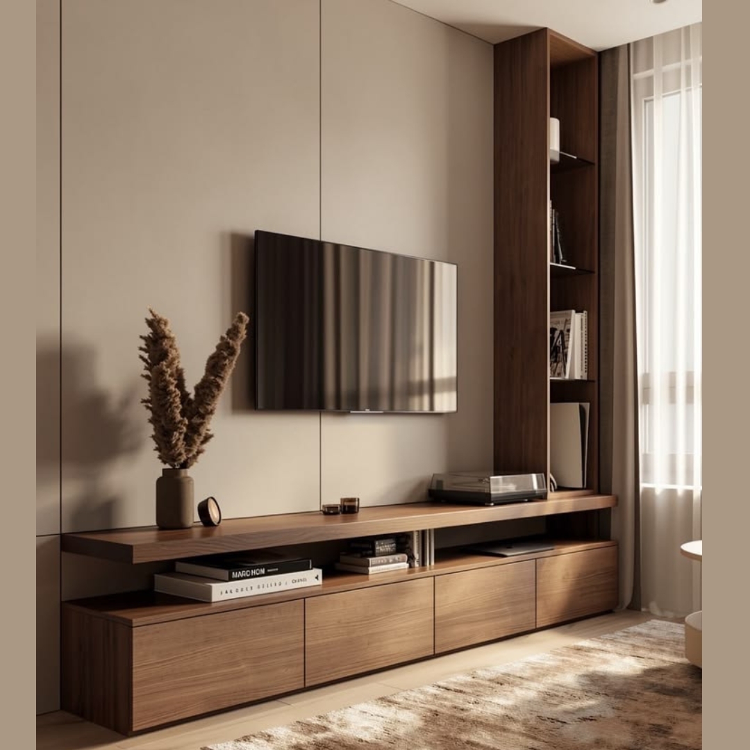Floating Walnut TV Console with Tall Bookcase Tower