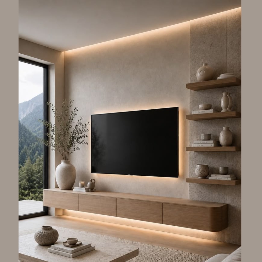 Curved Floating TV Console with Vertical Ladder Shelves