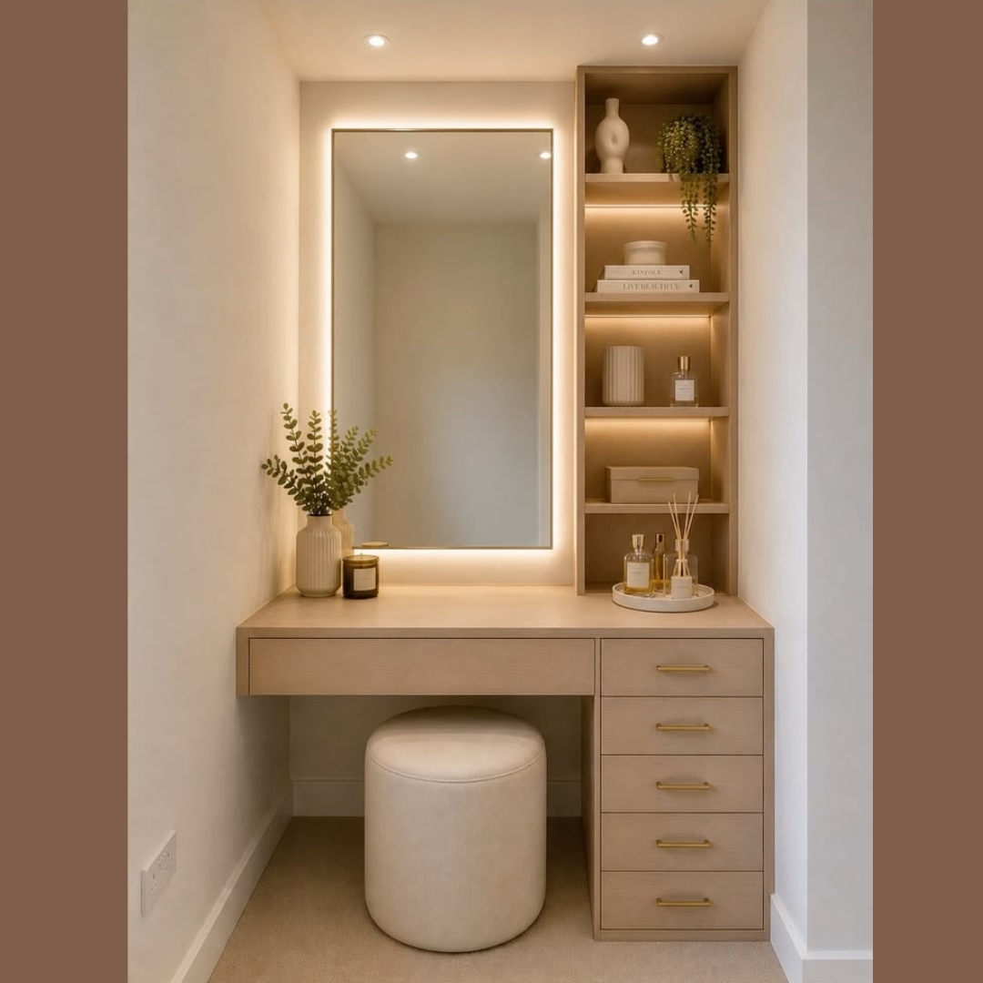 Wood Vanity Desk With Ottoman Set