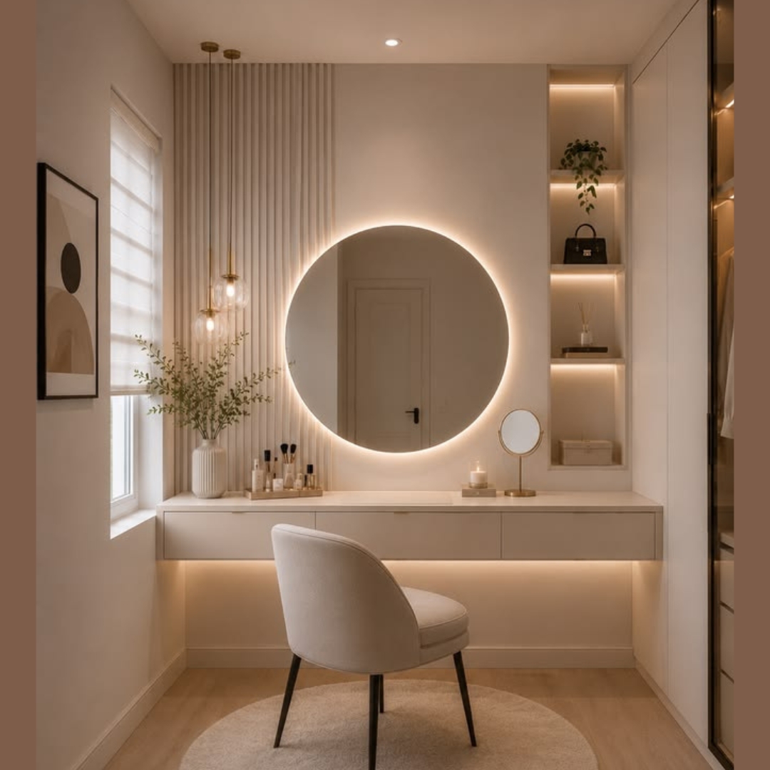 Round LED Mirror Vanity Desk with Walk-In Closet Storage