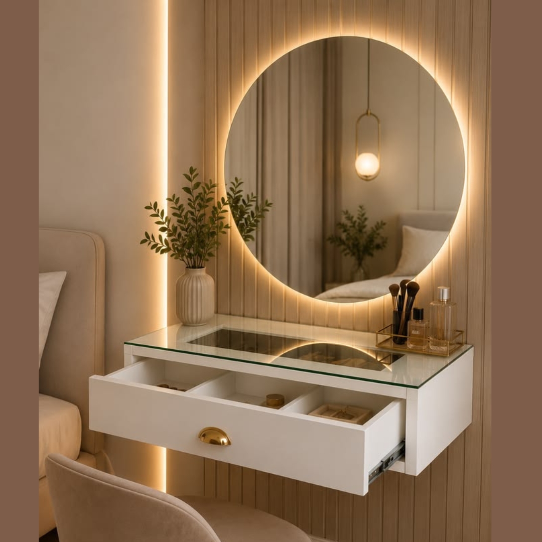 White Floating Vanity with Round LED Mirror & Glass Top
