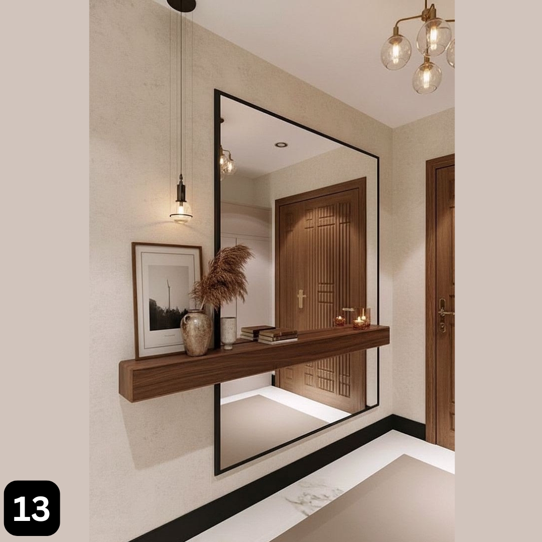 Floating Console Shelf with Black-Frame Wall Mirror