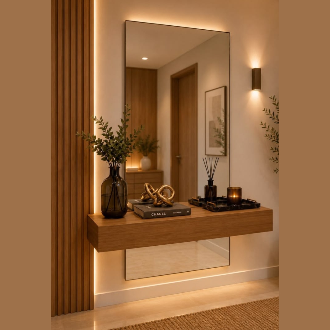 Backlit Wall Mirror with Floating Oak Console Shelf