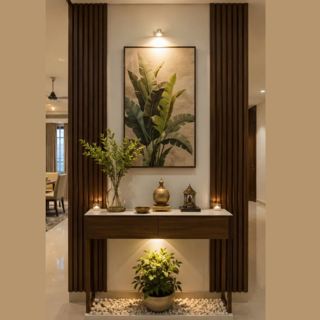 Dark Wood Console Table with Fluted Panel Wall Feature