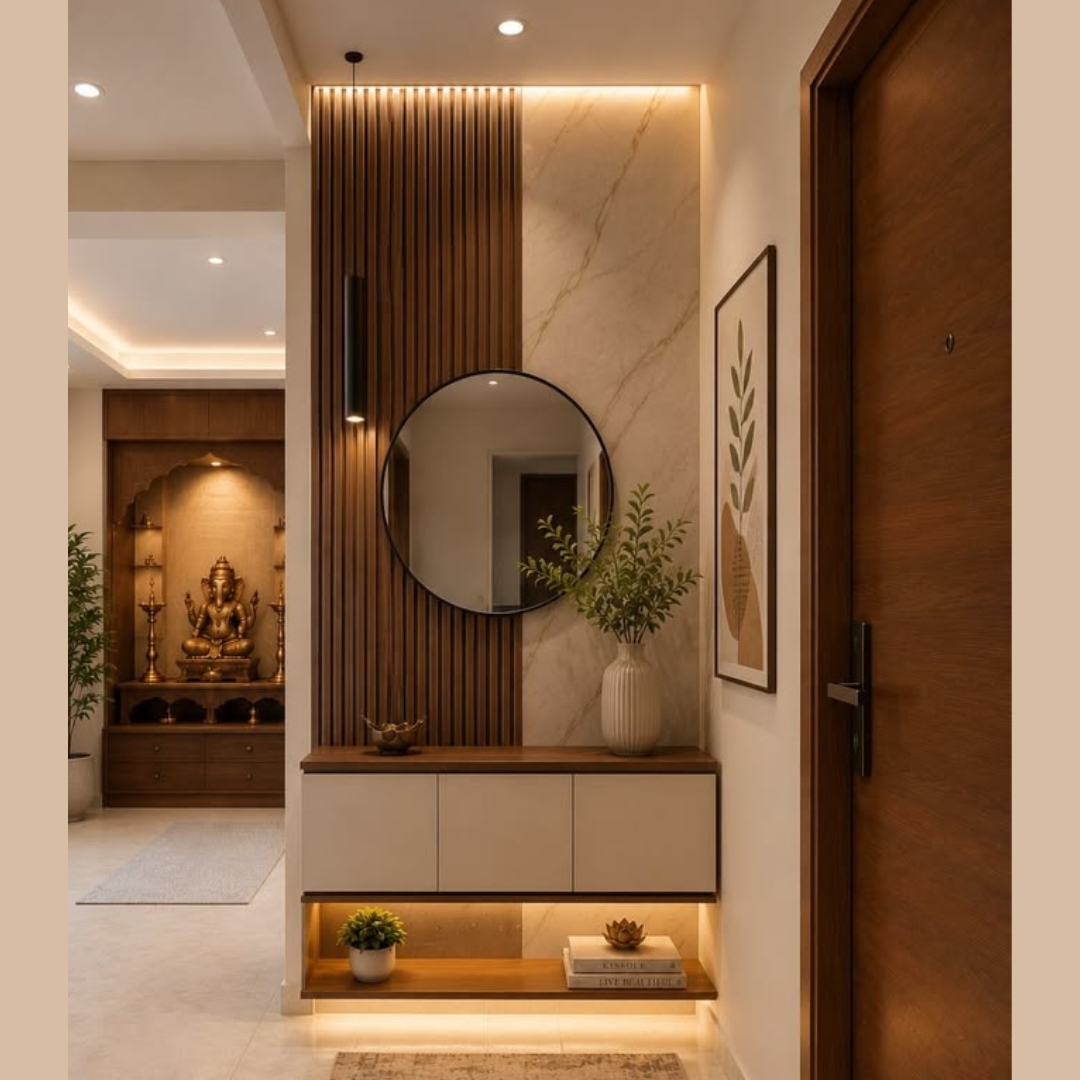 Round Mirror Entryway Console with Floating Display Shelf