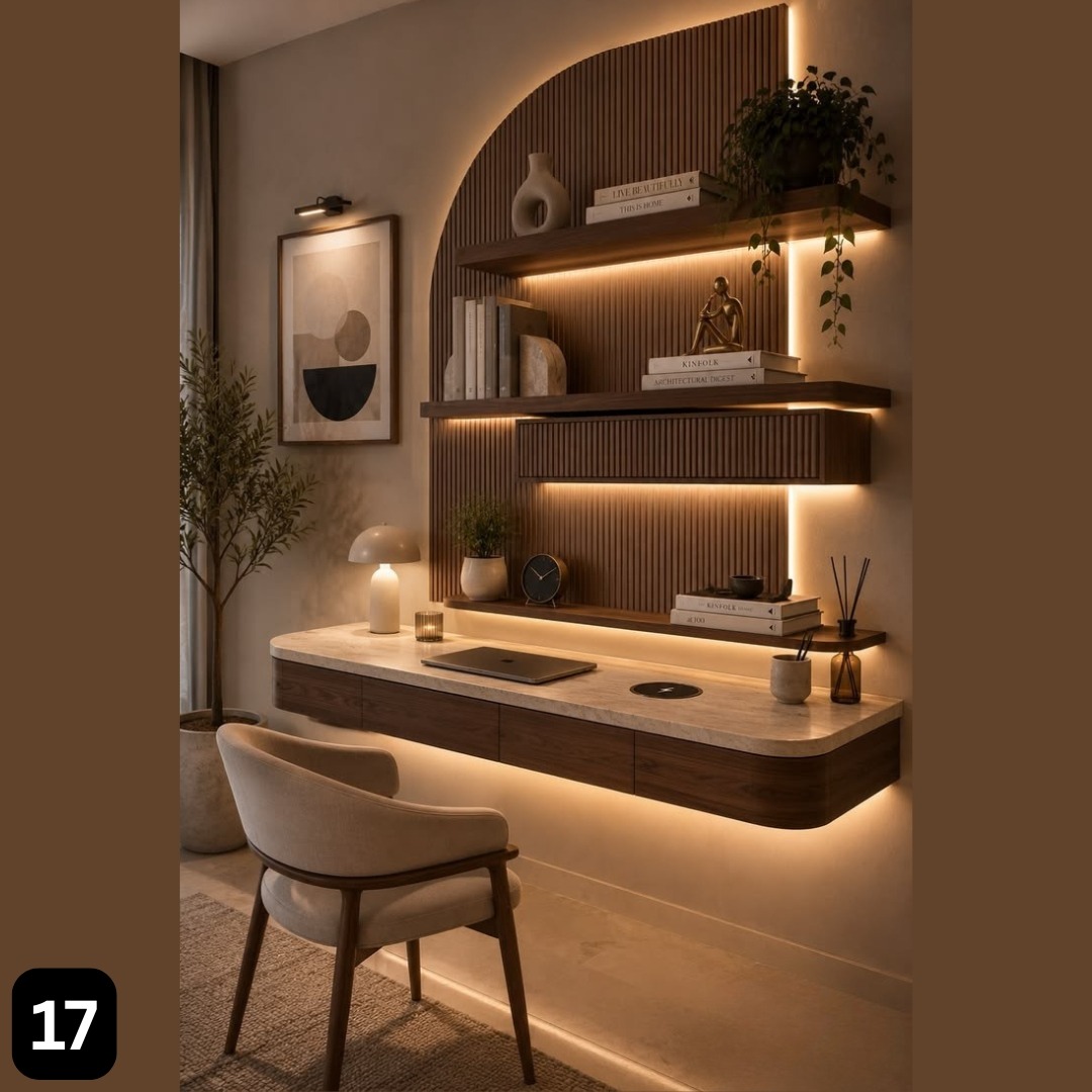 Floating Marble-Top Desk with Arched Wood Shelving Wall