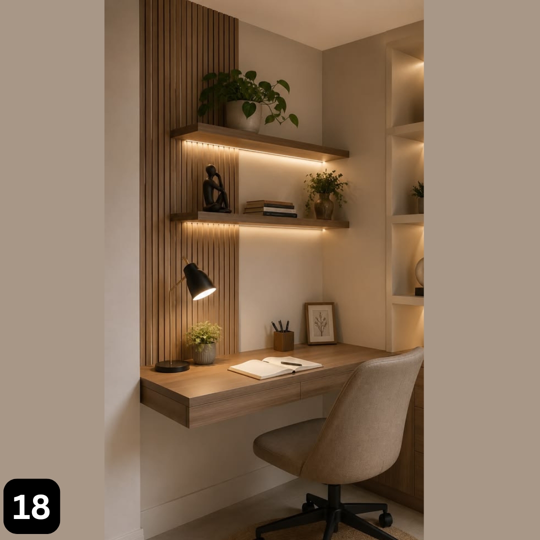 Floating Wood Desk with LED Corner Shelving Nook