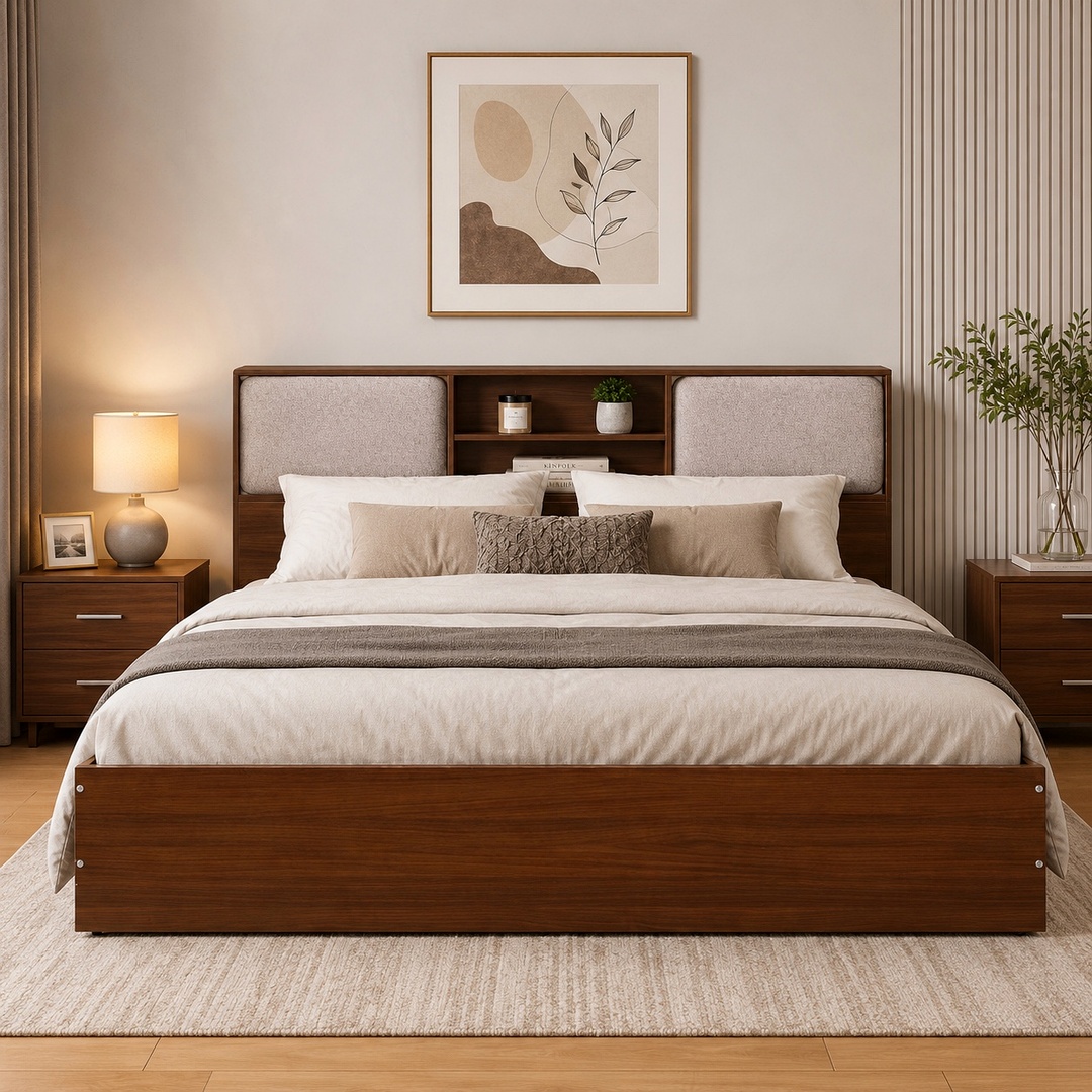 Yokohama Queen Size Bed in Planked Walnut Finish with Hydraulic Storage & Upholstered Headboard Storage