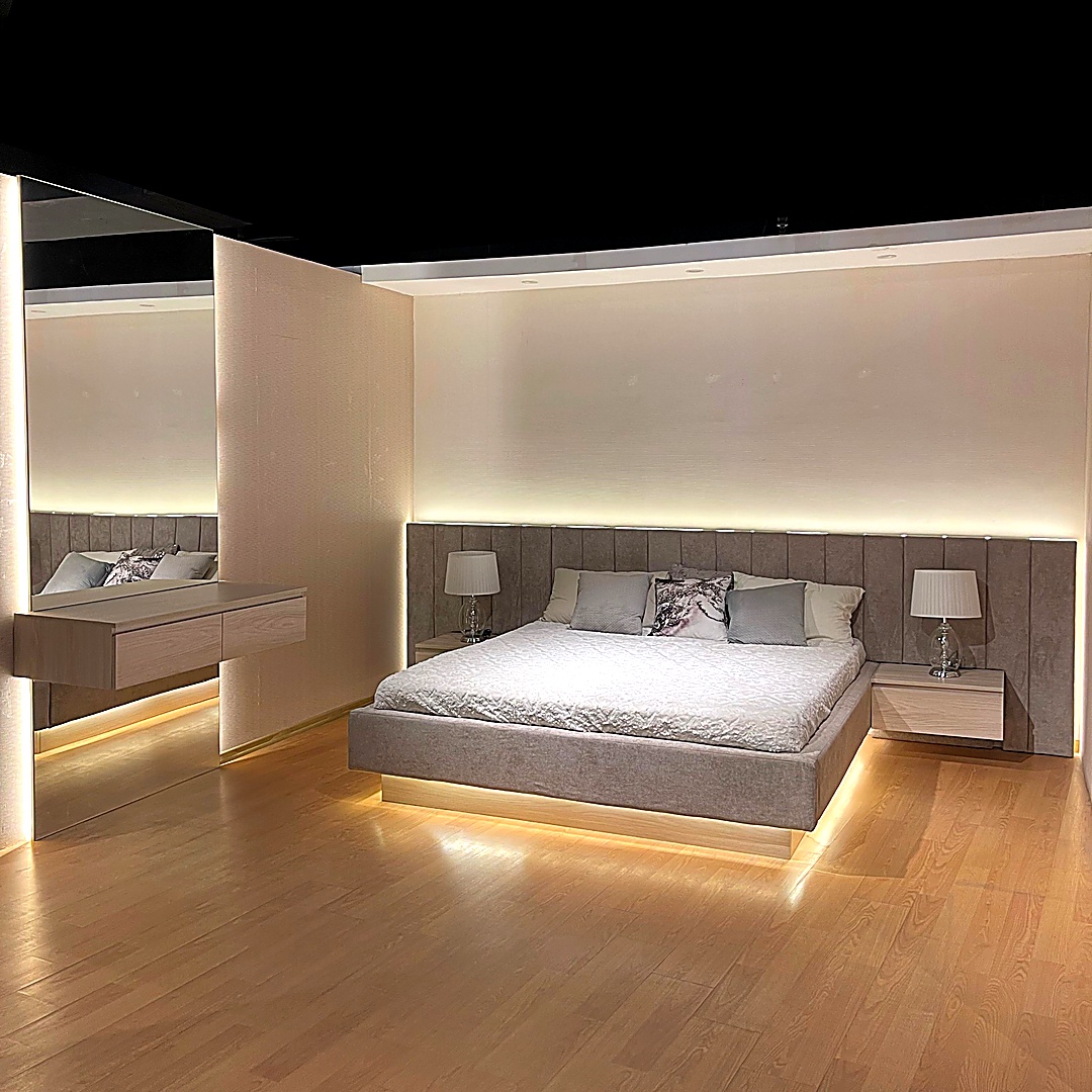 Modern Queen Bedroom Set with LED Floating Vanity & Bedside Tables.
