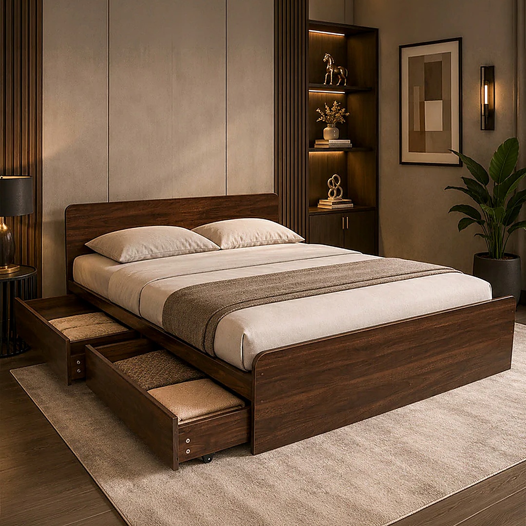 Den Queen Size Bed in Columbian Walnut Finish with Drawer Storage