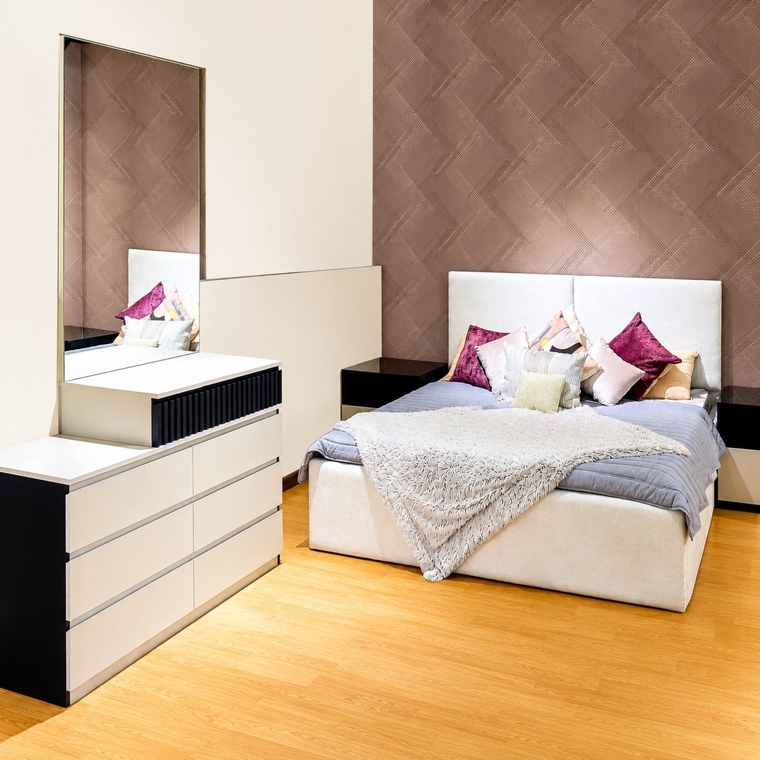 Modern Queen Bedroom Set – White & Black High Gloss Finish