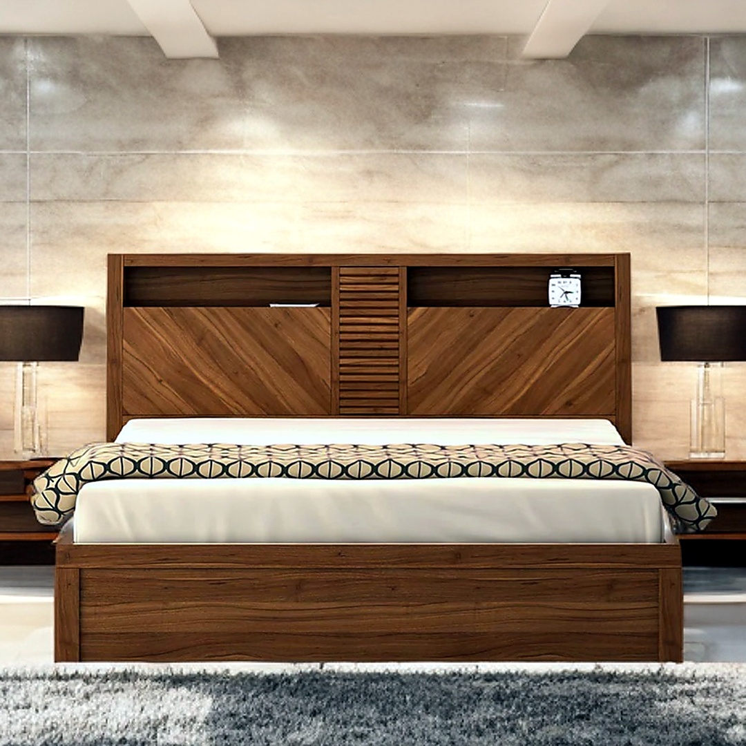 Kosmo Monarch Queen Size Bed With Full Hydraulic Storage in Walnut Finish